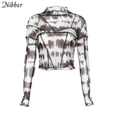 2020 spring summer black mesh patchwork crop tops women long sleeves sexy backless T-shirt fashion vintage stretch