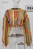 Fashion Women's Knitted Pullover O-neck Loose Long Sleeve Tassel Patchwork Hollow Out Short Sweater Autumn 2023 New