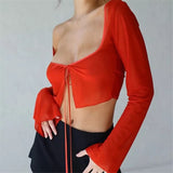 Aesthetic Crop Top Summer Women Lace Up Long Sleeve T Shirt See Through Mesh Clothes y2k Streetwear Club Party