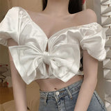 Sexy Satin Crop Top Women Bow Knotted Short Tank Tops Off Shoulder Cropped Feminino Blouses Y2k Sash Short Sleeve Cami Top
