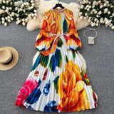 Elegant Dress Women Fashion Nail Ball Collar Hollow Pressure Folding Lantern Sleeves To Print Long