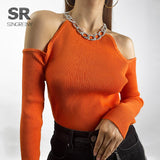 2021 Autumn knitted Sweater Women Long Sleeves Basic Knit Tops Off the Shoulder Sexy Pullovers Chain Diamond