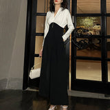 Elegant Jumpsuit For Women V Neck Long Sleeve Patchwork Colorblock Loose Wide Leg Pants Female Clothing Fashion