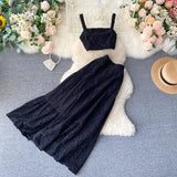 Women Hollow Out Two Piece Set Vintage Sleeveless Slash Neck Tank Tops + High Waist Long Skirt Ladies White/Green 2pc