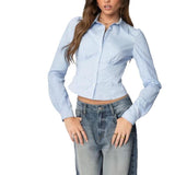 Summer New Design Slimming Collar Top Hottie Fish Girded Long-Sleeved Shirt