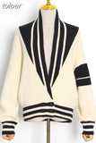 Patchwork Coat For Women V Neck Lantern Long Sleeve Striped Hit Color Knitting Cardigan Female 2023 Autumn New