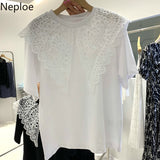 Woman Tshirts Lace Hollow Out Crochet Turn Down Collar Patchwork Short-sleeved Shirt Summer Casual Tops Clothing