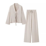 And Summer Women's Solid Color Tie Shirt Broad Leg Trousers Set Casual Two