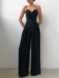 Classy Lady Suspender Jumpsuit Pleated V-Neck Wide Leg Floor-Length Overalls Summer 2022 High Street Female