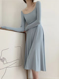 Sleeve Knitted Midi Dress Women Pure Color Elegant Dress Party Autumn 2022 Fairy Slim One Piece Dress Korean Fashion