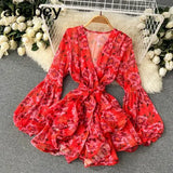 Elegant Party Dress Women Korean Design Ruffles Long Sleeve A-line Dress Spring Mesh Embroidery Flower Short