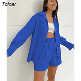 High Street Sweatshirt Shorts Sets Lapel Long Sleeve 2 Pieces Outfit Summer Elastic Waist Straight Shorts Women's Suit