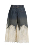 Temperament Casual Two Sets Of 2025 Autumn And Winter New Trend Hottie Lace Splicing Denim Shorts Set