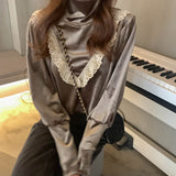 Lace Blouses Ruffle Patchwork Women Black Shirts Korean Vintage Turtleneck Elegant Ladies Tops Blusa Mujer De Moda
