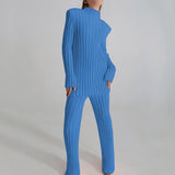 Free Shipping Cotton Casual Women Knitted Two Piece Sets Women's Slim Outfits Striped Turtleneck Sweater And Elastic Pant