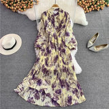 Spring Autumn Bohemian Women Tie Dye Printed Pleated Long Dress Boho Stand Collar Puff Sleeve High Waist Draped Maxi Vestido