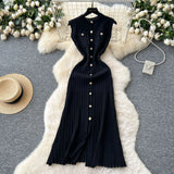 Fragrant High-End Round-Neck Sleeveless Metal Buckle Slimming Knitted Dress Woman 2025 New