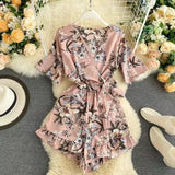 Women Rompers casual wide leg pants overalls short sleeve v neck solid playsuits summer beach chiffon ruffle