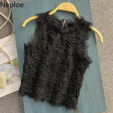 Blouses Women O-Neck Sleeveless Hollow Out Lace Shirt 2023 Summer Blusas Mujer Fashion Back Zipper Slim Temperament