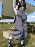 Vintage 90s Cargo Skirt Long Women Autumn Casual High Waist Detachable Patchwork A-line Midi Dress Korean