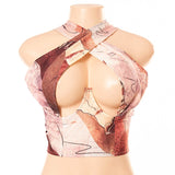 Out Women Print Crop Top Sleeveless Back Zipper Criss Cross Halter Neck Casual Tank Top Fashion Summer Vest 1 Piece