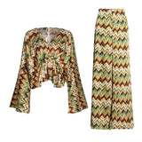 Loose Two Piece Set For Women V Neck Long Sleeve Print Top High Waist Wide Leg Pants Slim Sets Females Fashion
