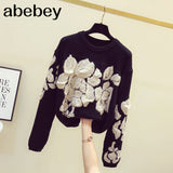 2022 Women 3D Embroidery Floral Sweaters Vintage O-neck Knitted Pullovers Sueter Mujer Fashion Korean Jumper