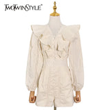 White Patchwork Ruffle Jumpsuit For Women V Neck Long Sleeve High Waist Elegant Jumpsuits Female Fashion New