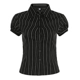 Commute Wind Fashion Stripe Buckle Bubble Sleeve Top Hottie Temperament Folding Braid