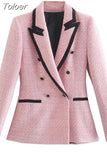 MODA Women Elegant Texture Double Breasted Tweed Blazer Long Sleeve Pockets Coats Female Fashion Streetwear