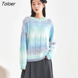 Women Soft Sweaters 2022 Winter Long Sleeves O Neck Loose Knit Cardigan Blue White Gradient Warm Chic jacquard