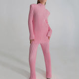 Free Shipping Cotton Casual Women Knitted Two Piece Sets Women's Slim Outfits Striped Turtleneck Sweater And Elastic Pant