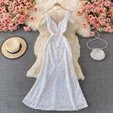 Red/Pink/White Sequins Party Maxi Dress For Women Sexy V-Neck Short Sleeve High Waist Tassel Long Robe Female Elegant
