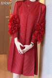 Appliques Dress For Female Half High Collar Puff Sleeve Straight Loose Waist Fold Pleated Dresses Women 2023 Spring