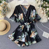 Women Rompers casual wide leg pants overalls short sleeve v neck solid playsuits summer beach chiffon ruffle
