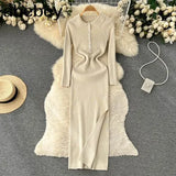 Autumn Knitted Dress Women Long Sleeve Elastic Waist Split Sweater Dress Ladies Party Sexy Warm Bodycon Maxi Long