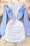 Shoulder Shirt Patchwork Bodycon Mini Dress Women Fashion Streetwear O-neck Long Sleeve Slim Drawstring Ruched Party