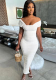 Vintage Off-the-shoulder Short Sleeves Solid Ruched Slit Pencil Midi