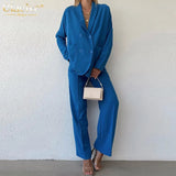 Casual Loose Blue Trousers Suits Fashion Long Sleeve Blazer With High Waist Straight Pants 2 Piece Sets Womens