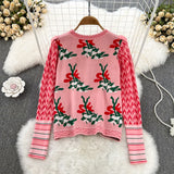 Harajuku Diamonds Beaded Cat Bow Embroidery Sweater Women's Ruffles Flower Jacquard Cartoon Pullover Jumper Crop