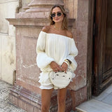 French Style Shoulder Necromanid Cake Dress Chic Design Lantern Sleeve Pure Temperament