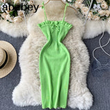 Tied Spaghetti Strap Solid Knitted Dress Women Summer Sleeveless Mini Bodycon Dress Vestidos Sexy Female