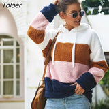 Women Hoodies Sweatshirt Striped Patchwork Ladies Long Sleeve Pullover Plush Top Autumn Winter Female Warm Clothing