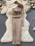 Halter Hollow Out Sexy Knitted Dress One Shoulder Long Sleeve Elastic Slim 2022 Women Autumn Split Party Sweater