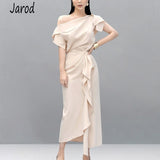 2019 Runway fashion Summer 2 Pcs Set Elegant Women's One Shoulder Sexy Crop Tops + high waist Ruffles Long Skirts