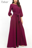 Women Elegant Long Dress O Neck Long Sleeve Lacing Full Length Dress Simple Solid Office Lady Party Night Evening Dress