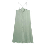 Women Chic Fashion With Buttons Soft Touch Midi Camisole Dress Vintage V Neck Thin Straps Female Dresses