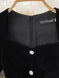 Autumn Vintage Black Velvet Party Dress Women Elegant Square Collar Long Sleeve Single Breasted Split Vestidos Female Robe