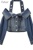 Ropa Mujer Harajuku Blue Jean Jacket Woman Sexy Slash Neck Tunic Y2k Tops Streetwear Outwear Fashion Casual Korean