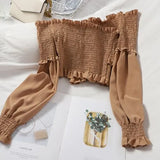 Sexy Slash Neck Short Tops Women Ruffle Long Sleeve Khaki/White Shirts Casual Slim Off Shoulder Tops Female New Fashion
